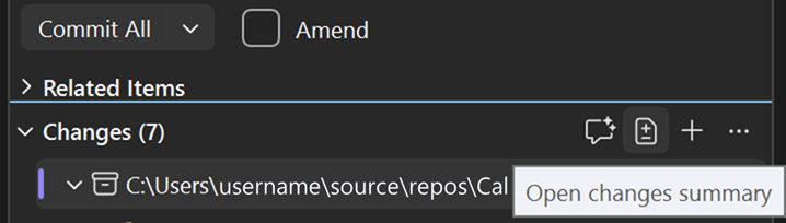 Screenshot che mostra il riepilogo Apri modifiche nella barra degli strumenti Modifiche Git.