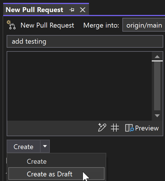 Screenshot che mostra l'opzione per creare una nuova pull request come bozza.