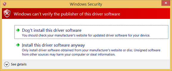 Screenshot dell'avviso di sicurezza di Windows che informa che Windows non è in grado di verificare l'autore del software driver.