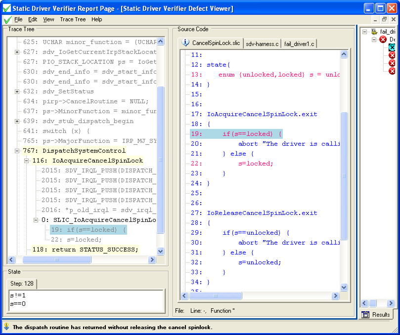 Screenshot di una pagina del Rapporto di Verifica Driver Statici che mostra i test SDV per uno spinlock acquisito in precedenza.