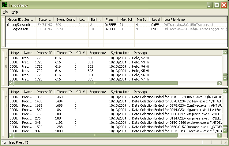 Screenshot di un elenco di sessioni di traccia che mostra un log delle sessioni di traccia Tracedrv e NT Kernel Logger.