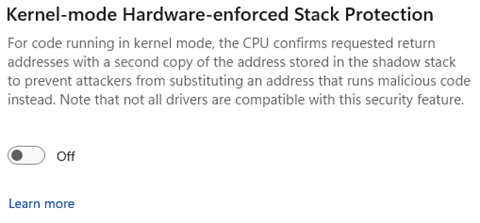 Screenshot dell'interruttore per attivare o disattivare Protezione stack in modalità kernel.