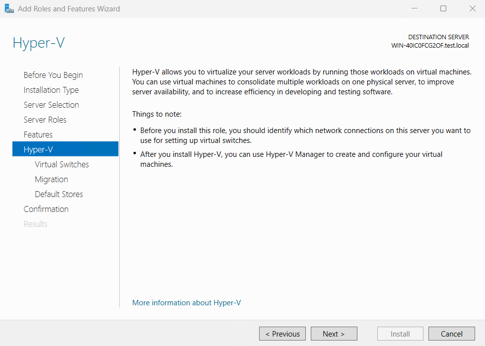 Screenshot delle impostazioni di installazione di Hyper-V.