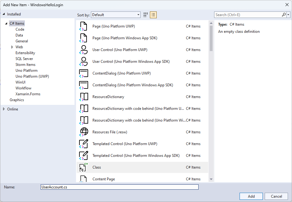 A screenshot della creazione della nuova classe per l'autorizzazione utente Windows Hello