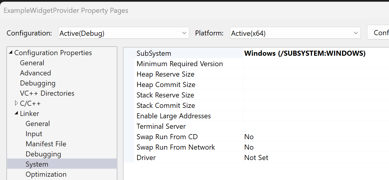 A screenshot che mostra le proprietà del progetto del provider di widget C++ con il tipo di output impostato su Windows Application
