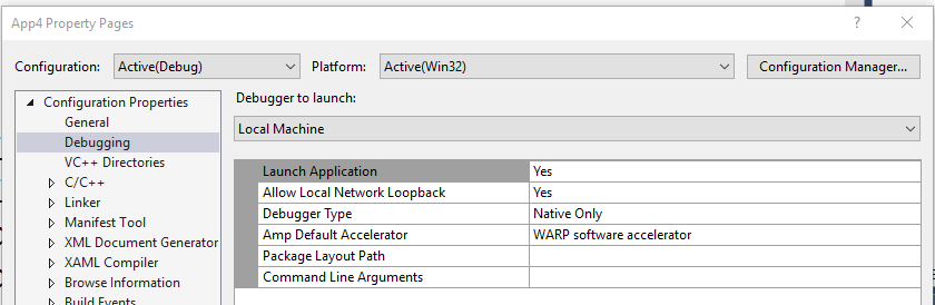 Screenshot delle pagine delle proprietà dell'app 4 con proprietà di configurazione > quando l'opzione di debug selezionata mostra la proprietà Argomenti della riga di comando elencata nella tabella.