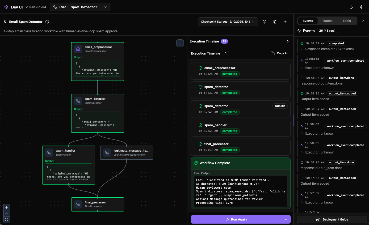 エージェント ディレクトリとトレースを示す Agent Framework DevUI ダッシュボード