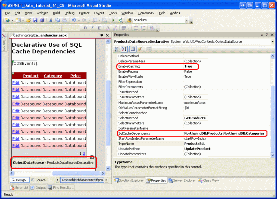 製品とカテゴリに対する SQL キャッシュ依存関係を使用したキャッシュをサポートするように ObjectDataSource を構成する