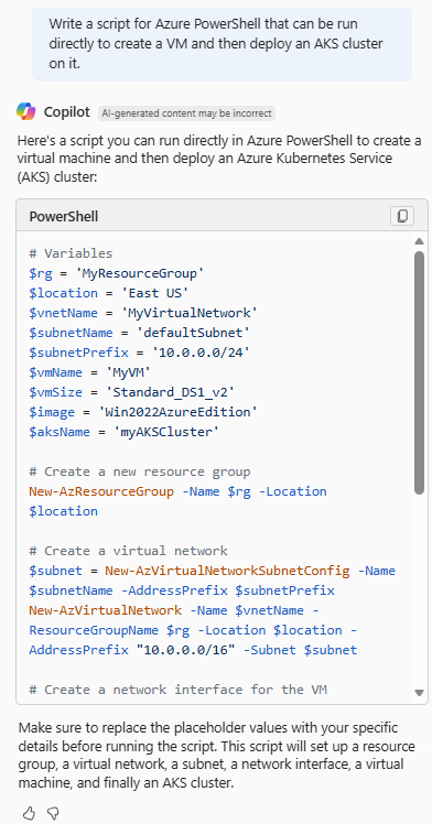 VM を作成して AKS クラスターをデプロイする PowerShell スクリプトを提供する Azure Copilot のスクリーンショット。