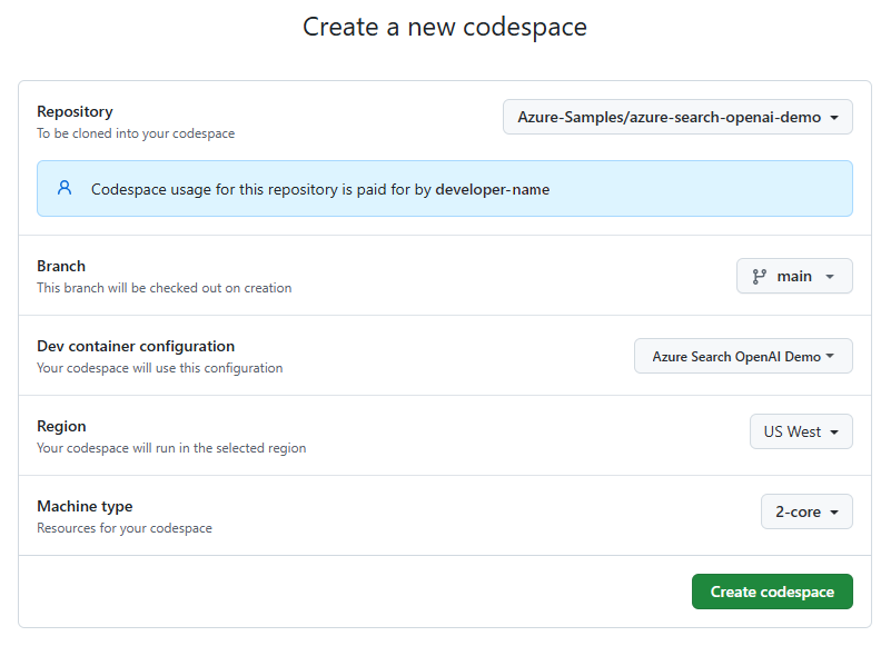 サンプルの新しい GitHub コードスペースを作成するための確認画面のスクリーンショット。