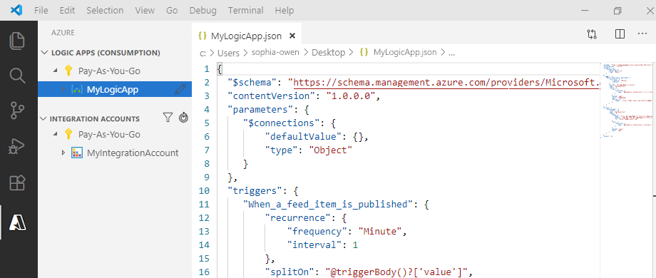 Visual Studio Code の従量課金ロジック アプリワークフロー定義の例を示すスクリーンショット。