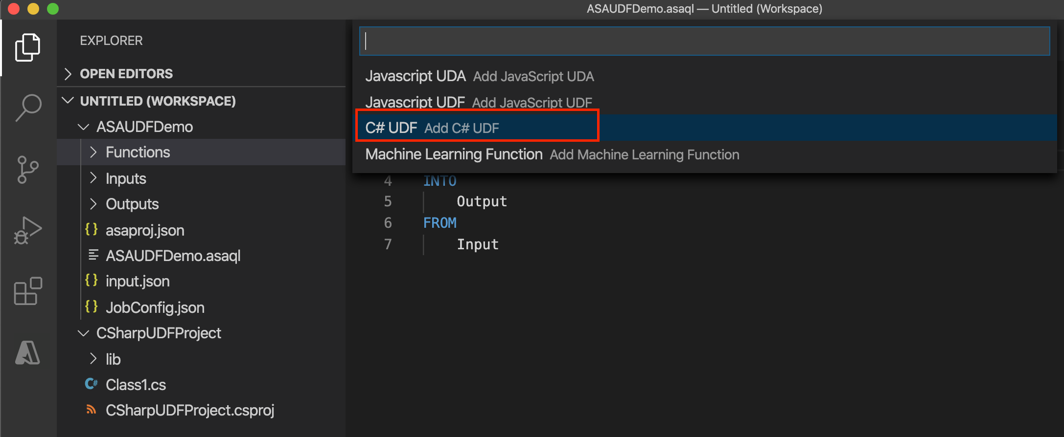 VS Code で Stream Analytics プロジェクトから CSharp 関数を選択する
