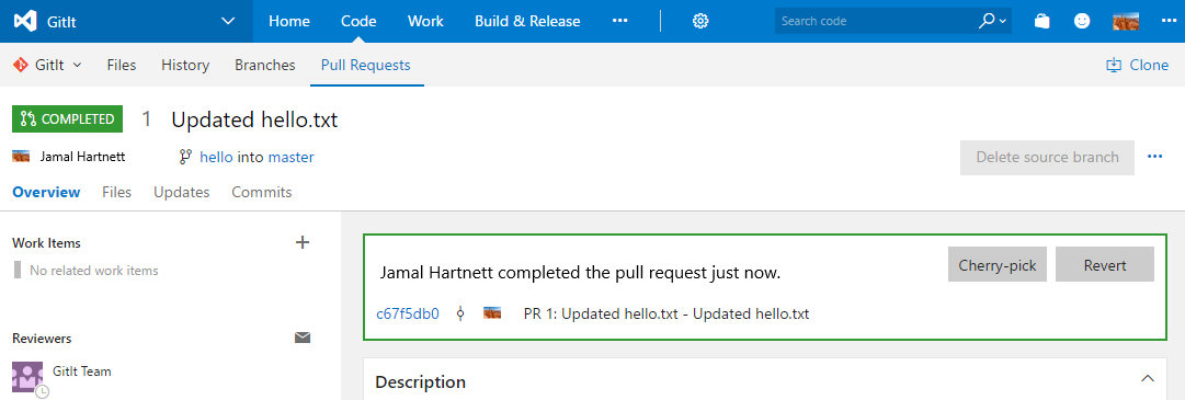 pull request UI の例のスクリーンショット。