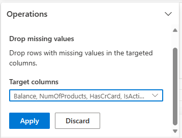 スクリーンショットは、Data Wrangler で不足している行を削除する方法を示しています。