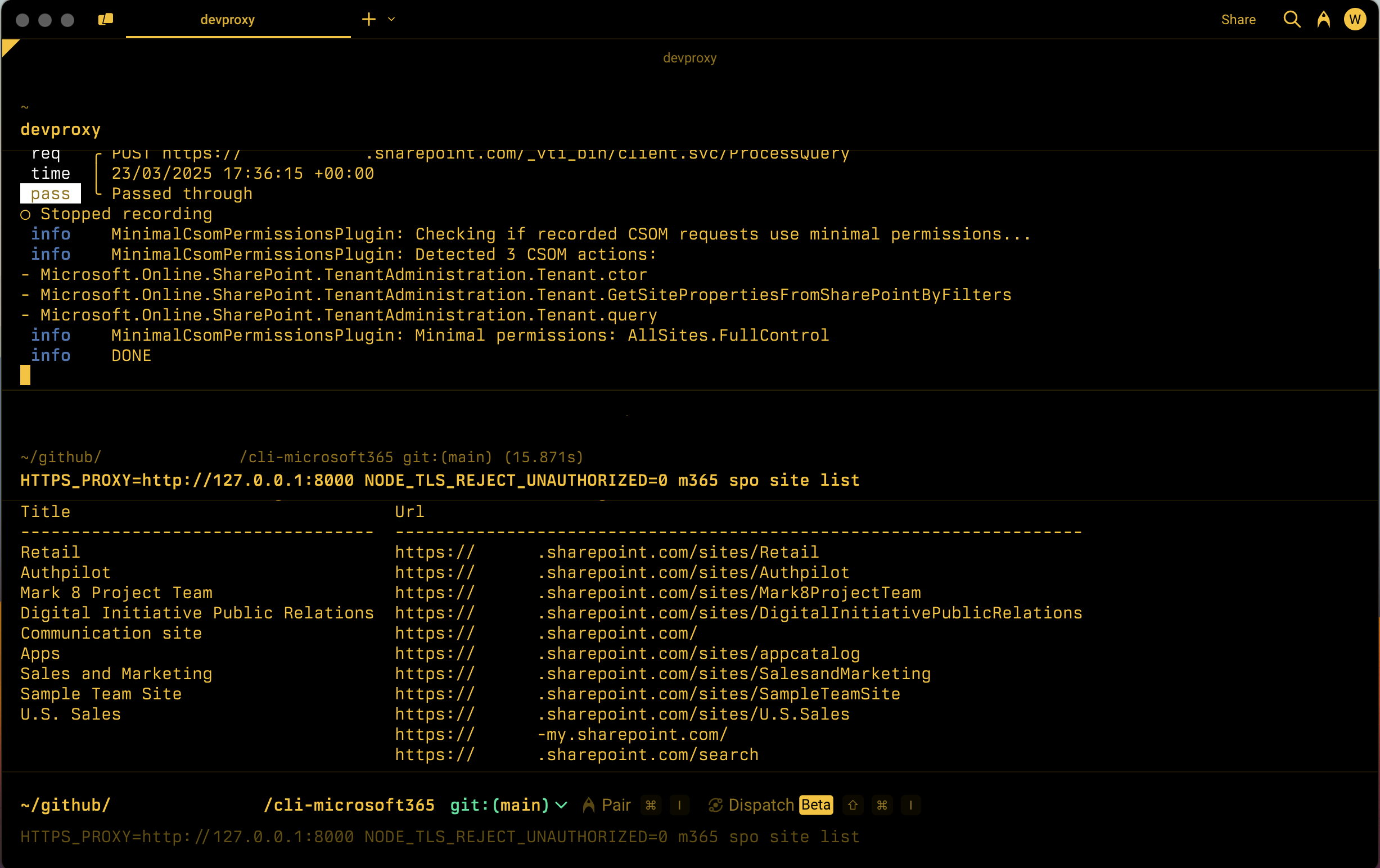 記録された SharePoint CSOM API のセットを呼び出すために必要な最小限のアクセス許可を示す開発プロキシを示すコマンド ラインのスクリーンショット。