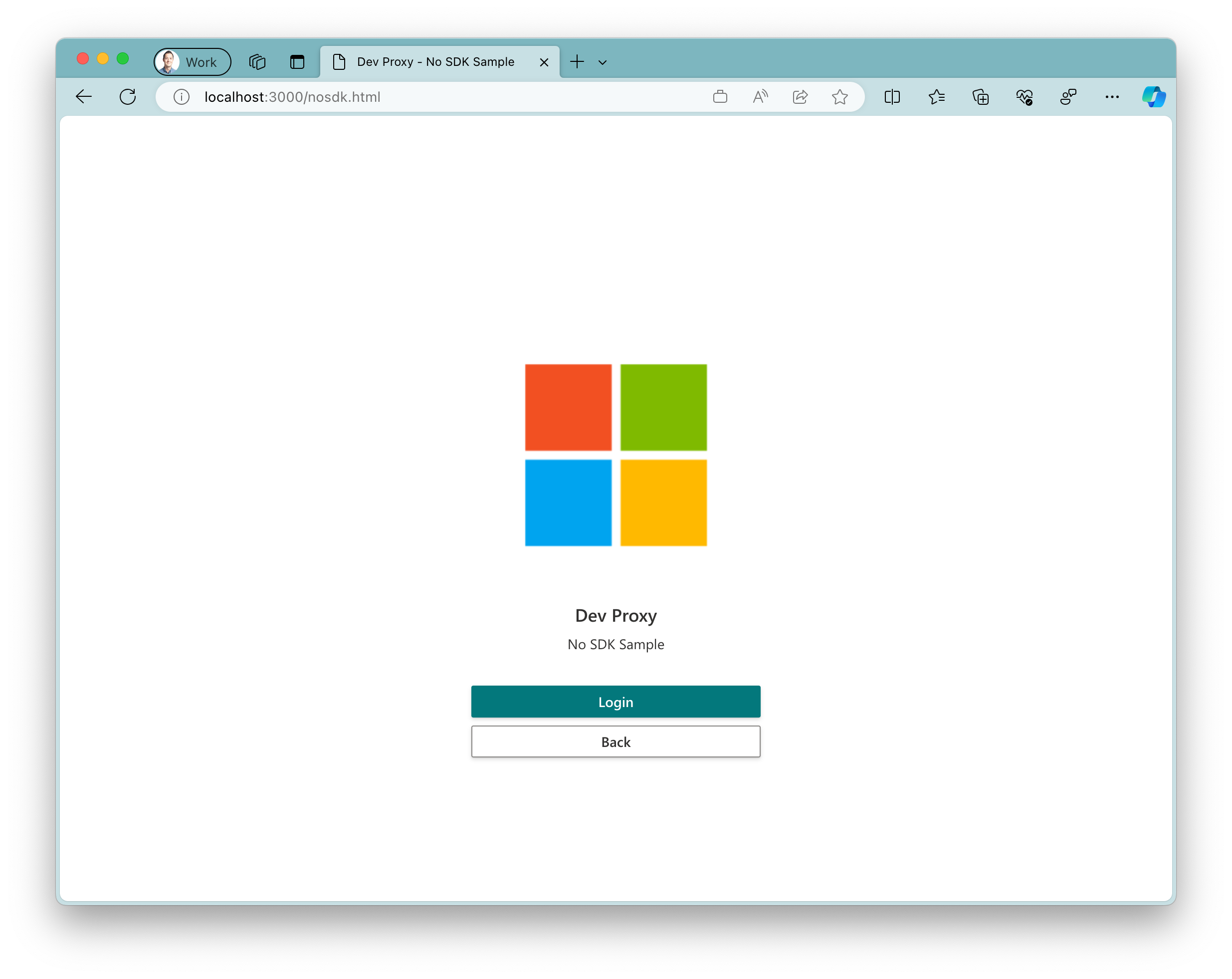 Windows 11 の Microsoft Edge ブラウザーで実行されているサンプル アプリのスクリーンショット。アプリには大きな Microsoft ロゴが表示され、その下に 2 つのボタンが表示されます。
