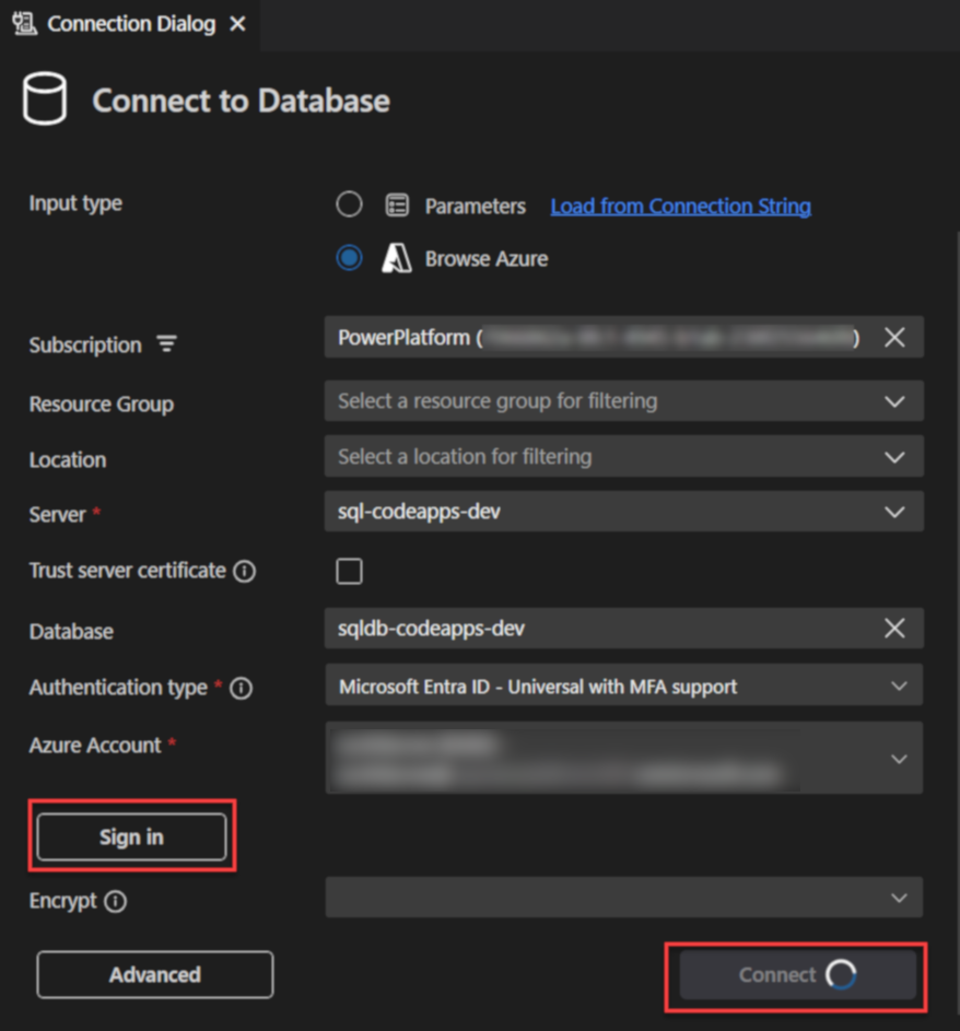 VS Code で Azure SQL データベースに接続されている