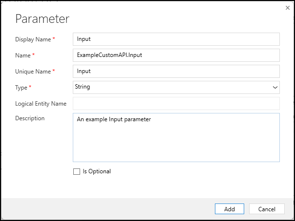 カスタム API 要求パラメーターの作成フォーム
