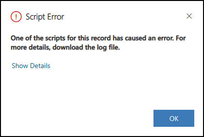モデル駆動型アプリの JavaScript デバッグ情報を示すスクリプト エラー ダイアログ ボックスのスクリーンショット。
