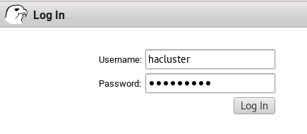Hacluster ユーザー名が入力された Pacemaker Web UI ログイン ページのスクリーンショット。