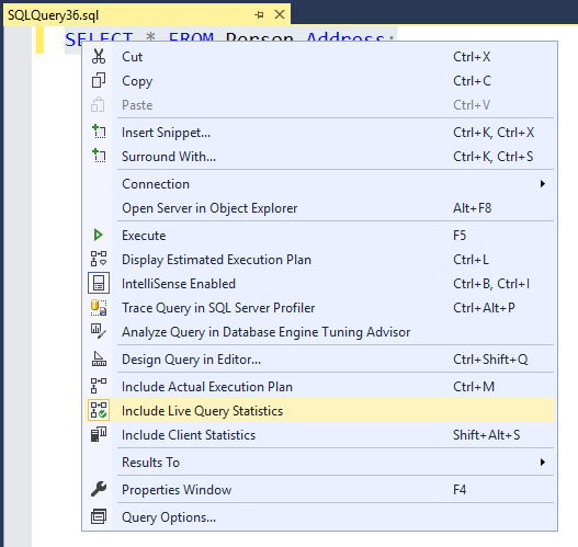 ポップアップ メニューの [ライブ クエリ統計] ボタンが表示されているSQL Server Management Studioからのスクリーンショット。