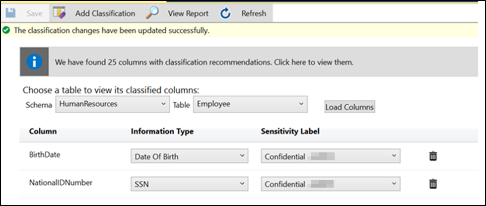 分類された列を読み込む SSMS データ分類のスクリーンショット。