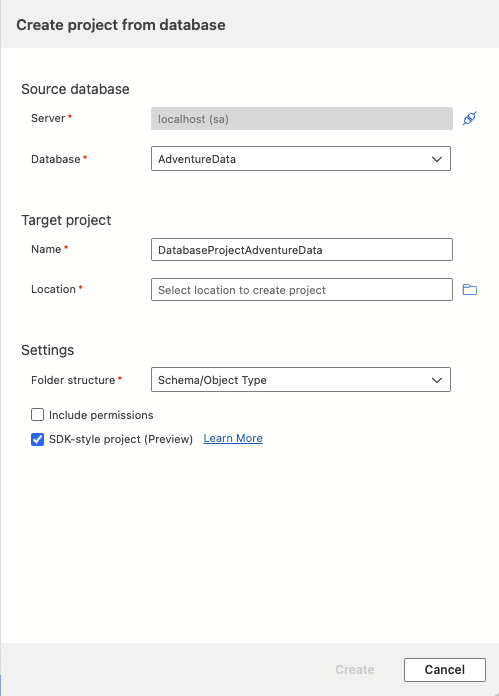 Visual Studio Code の「データベースからプロジェクトを作成」ダイアログのスクリーンショット