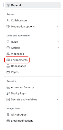 [全般] の [設定] メニューのスクリーンショット。Access、Code and Automation、Security、Integrations のセクションがあります。[環境] オプションが強調表示されています。