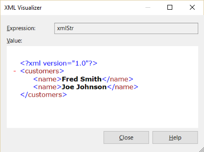 XML 文字列ビジュアライザーのスクリーンショット。