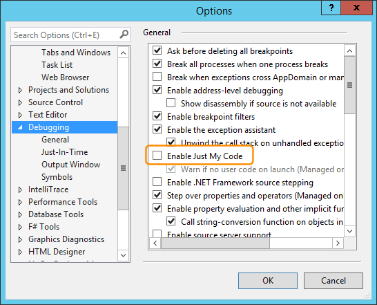 [オプション] ダイアログ DebuggerMap_DebugOptionsを使用して外部コードを表示