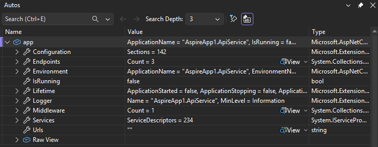 Visual Studio で [自動変数] ウィンドウを表示する方法を示すスクリーンショット。