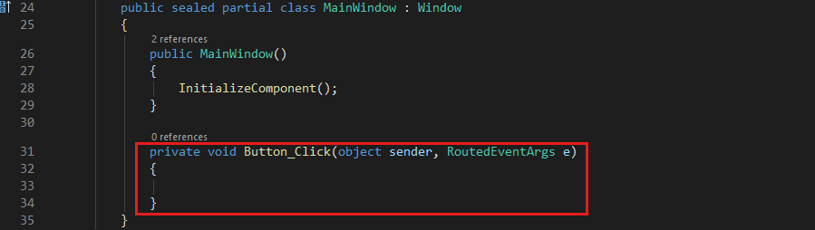 既定のButton_Click イベント ハンドラーの C# コードを示すスクリーンショット。