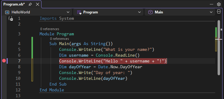 Visual Studio のコード行にブレークポイントを示すスクリーンショット。