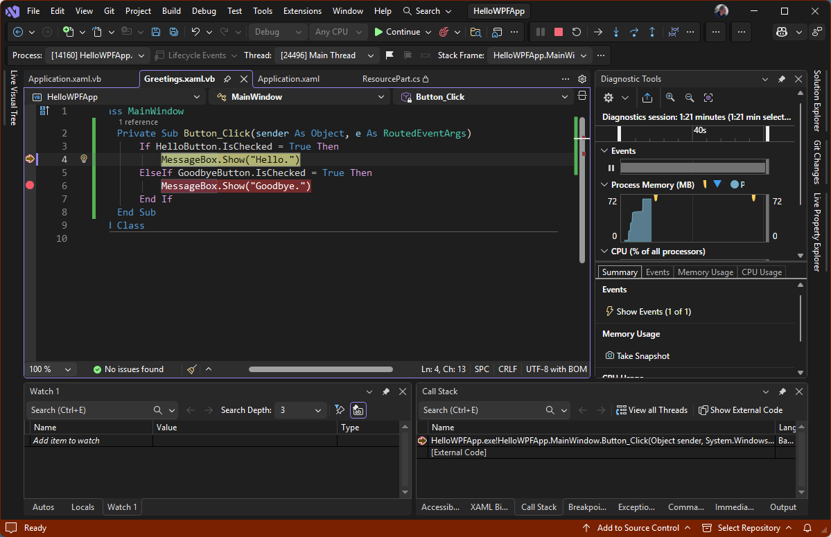 Visual Studio でコード、診断、自動変数、呼び出し履歴ウィンドウが開いているデバッグセッションを示すスクリーンショット。実行は Greetings.xaml.vb のブレークポイントで停止しています。