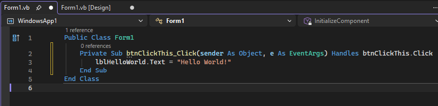 スクリーンショットは、Visual Basic コードを追加できる Form1.vs タブのクラスを示しています。