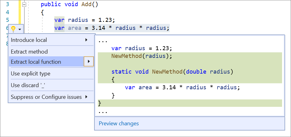 行が強調表示されたVisual Studio コード ウィンドウのスクリーンショット。[クイック アクションとリファクタリング] メニューが開き、[ローカル関数の抽出] が選択されています。