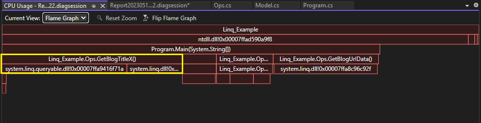 CPU 使用率ツールの [フレーム グラフ] ビューでの CPU 使用率の改善のスクリーンショット。
