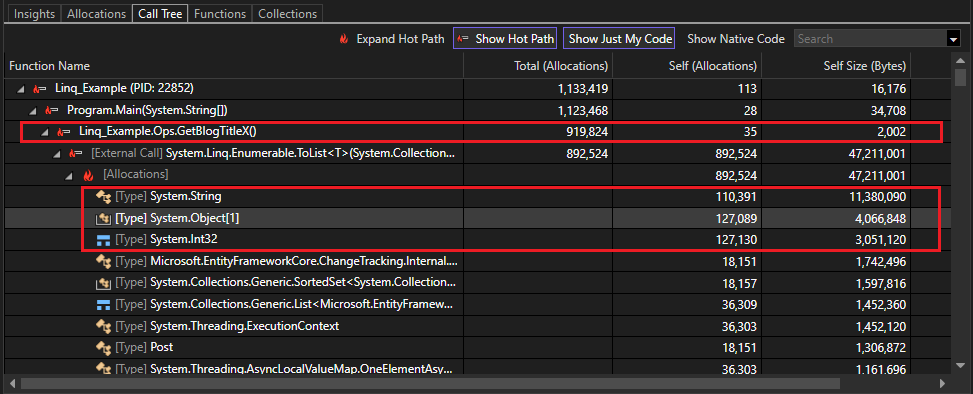 .NET オブジェクト割り当てツールのコール ツリー ビューのスクリーンショット。