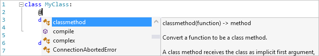 Visual Studio エディターでのデコレーターの完了を示すスクリーンショット。