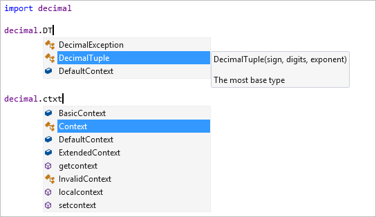 Visual Studio エディターでのフィルタリングを使用したメンバー補完を示すスクリーンショット。