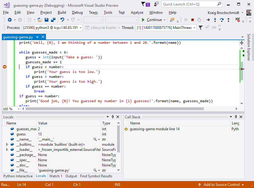 ブレークポイントにヒットしたときに Visual Studio がデバッグを一時停止する方法を示すスクリーンショット。