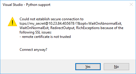 リモート SSL 証明書が信頼されていないことを示す警告のスクリーンショット。