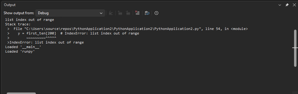 Visual Studio の出力ウィンドウにおけるデバッガーのログ出力を示すスクリーンショット。