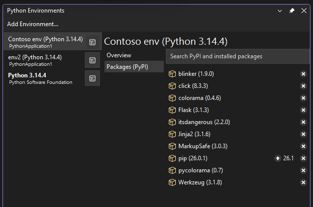 Python環境ウィンドウで選択した環境の現在のパッケージを示すスクリーンショット。