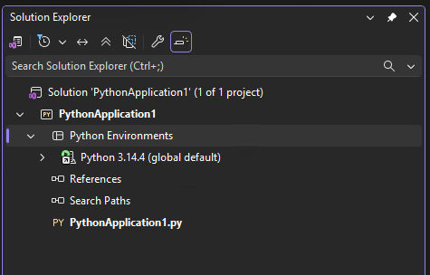 Visual Studio の ソリューション エクスプローラー 内のプロジェクトにおけるグローバルな既定のPython環境を示すスクリーンショット。