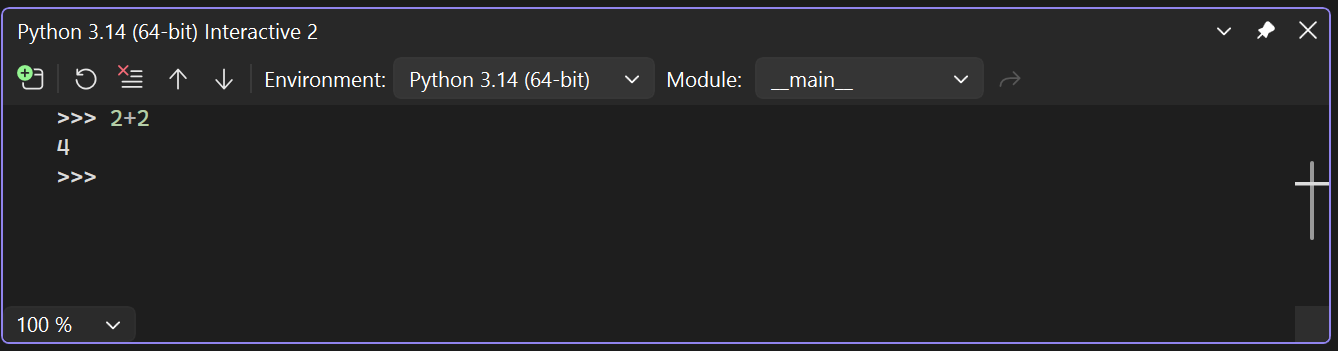 対話型ウィンドウを使用して Python のサポートをテストする方法を示すスクリーンショット。