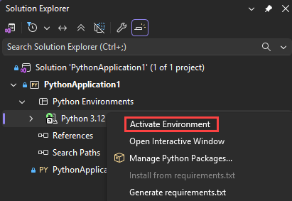 Visual Studio で Python プロジェクトの環境をアクティブ化する方法を示すスクリーンショット。