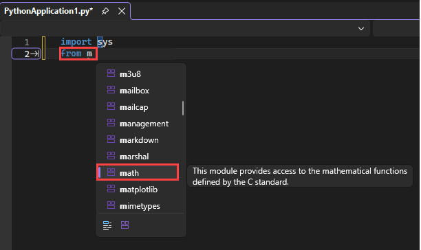 Visual Studio のエディターで、IntelliSense で 'from' ステートメントで使用可能なモジュールがどのように表示されるかを示すスクリーンショット。