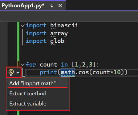Visual Studio 2022 で追加された import ステートメントが必要な識別子のスマート タグを示すスクリーンショット。