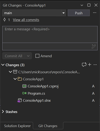 Visual Studio の [Git の変更] ウィンドウを示すスクリーンショット。